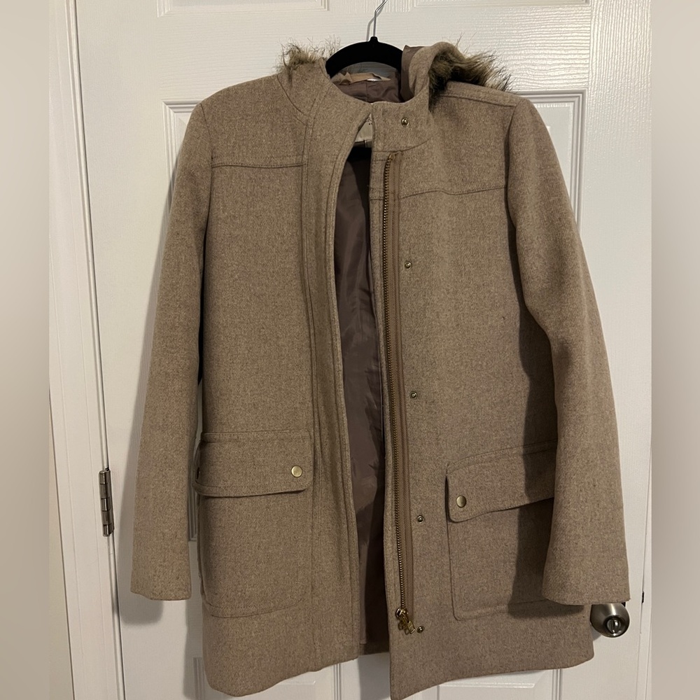 J.Crew Mercantile tan wool blend fur lined hooded zip up jacket size 2